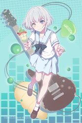 1girl bad_source bang_dream! bang_dream!_it&#039;s_mygo!!!!! blue_eyes blue_sailor_collar blue_skirt bow bowtie brown_shoes closed_mouth commentary_request copyright_name cup electric_guitar food food_on_face guitar heterochromia highres holding holding_cup holding_spoon ice_cream instrument kaname_raana loafers looking_at_viewer matcha_(food) matcha_parfait parfait sailor_collar sailor_shirt school_uniform shirt shoes short_hair short_sleeves skirt socks solo spoon strawberry_parfait white_socks yellow_eyes youguo_naberu