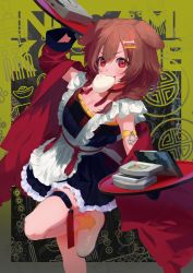 Rule 34 | 1girl, absurdres, animal ears, black dress, bone hair ornament, brown hair, dog ears, dress, food in mouth, foot out of frame, frilled dress, frills, game cartridge, hair ornament, hairclip, highres, hololive, inugami korone, jacket, leg up, long hair, muraichi, red eyes, red jacket, shoes, solo, tray, virtual youtuber, white footwear
