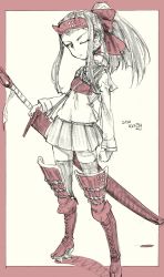 Rule 34 | 1girl, armor, artist name, bad id, bad twitter id, blouse, boots, clenched hand, closed mouth, commentary, cross-laced footwear, dated, erakin, fake horns, frown, full body, geta, girls und panzer, graphite (medium), hair up, headband, highres, holding, holding sword, holding weapon, horns, japanese armor, lace-up boots, limited palette, long hair, long sleeves, looking at viewer, miniskirt, muneate, neckerchief, one eye closed, oni horns, ooarai school uniform, pleated skirt, ponytail, reverse grip, saemonza (girls und panzer), sailor collar, school uniform, serafuku, shirt, signature, sketch, skirt, solo, standing, straight hair, sword, thigh boots, thighhighs, traditional media, weapon