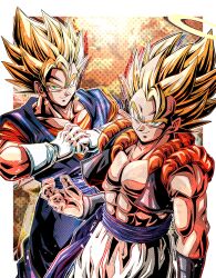 Rule 34 | &gt;:), 2boys, abs, absurdres, baggy pants, biceps, black vest, black wristband, blonde hair, blue sash, border, closed mouth, commentary request, dougi, dragon ball, dragonball z, earrings, fist in hand, gloves, gogeta, green eyes, hair between eyes, halftone, halo, hand up, hands up, highres, jewelry, looking at viewer, male focus, metamoran vest, multiple boys, muscular, muscular male, open clothes, open vest, orange shirt, outside border, pants, pectorals, potara earrings, sash, shiny skin, shirt, short sleeves, smile, smirk, spiked hair, standing, super saiyan, super saiyan 1, ushi (akabec0), v-shaped eyebrows, vegetto, vest, white border, white gloves, white pants, wristband