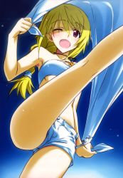 Rule 34 | 10s, 1girl, ;d, absurdres, bare shoulders, blonde hair, blue sky, braid, charlotte dunois, from below, highres, infinite stratos, jewelry, kurashima tomoyasu, leg lift, long hair, necklace, official art, one eye closed, open mouth, pendant, purple eyes, short shorts, shorts, single braid, sky, smile, solo, strapless, tube top, wink, wristband