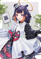 Rule 34 | 1girl, :d, animal, animal ears, black bow, black gloves, blue eyes, bow, brown hair, bug, butterfly, dress, fang, floral print, gloves, gradient hair, hair bow, halo, highres, hololive, hololive english, insect, long hair, long sleeves, looking at viewer, multicolored hair, ninomae ina&#039;nis, ninomae ina&#039;nis (party dress), open mouth, print dress, puffy long sleeves, puffy sleeves, purple hair, shiao, smile, solo, tablet pc, takodachi (ninomae ina&#039;nis), very long hair, virtual youtuber, white bow, white dress
