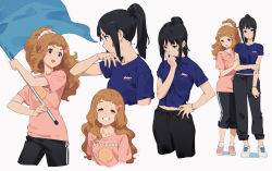 Rule 34 | 2girls, arm up, black hair, black pants, blue eyes, blue flag, blue shirt, blush, bow, breasts, brown eyes, brown hair, character request, closed mouth, collarbone, commentary request, cookie, curly hair, english text, facing viewer, flag, food, from side, full body, hair ornament, hair ribbon, hibike! euphonium, holding, holding another&#039;s arm, holding flag, holding own arm, kamo kamen, long hair, looking at viewer, looking to the side, medium breasts, multiple girls, navel, open mouth, pants, pink footwear, pink shirt, ponytail, print shirt, ribbon, rikka koukou marching band e youkoso, shirt, shoelaces, shoes, sidelocks, simple background, small breasts, smelling, smile, sneakers, standing, stomach, sweat, t-shirt, teeth, upper body, waving, waving flag, white background, white footwear, white legwear, white ribbon