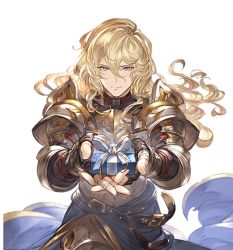 Rule 34 | 1boy, armor, belt, blonde hair, blue eyes, closed mouth, gift, giving, granblue fantasy, incoming gift, long hair, looking at viewer, male focus, minaba hideo, naoise, official art, pov, smile, solo, transparent background, white day