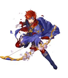 Rule 34 | 1boy, arrow (projectile), blue eyes, bow (weapon), bunbun, cape, fire emblem, fire emblem: the binding blade, fire emblem heroes, full body, headband, highres, male focus, nintendo, official art, red hair, roy (fire emblem), roy (valentine) (fire emblem), short hair, solo, torn clothes, transparent background, weapon