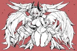 Rule 34 | 1girl, ahoge, bracelet, claws, collarbone, commentary request, eyes visible through hair, fangs, gloves, greyscale, hatching (texture), head wings, horns, jewelry, long hair, monochrome, monster girl, multiple wings, navel, open mouth, original, pointy ears, red background, simple background, solo, spot color, takatsuki ichi, talons, teeth, tongue, twitter username, wings