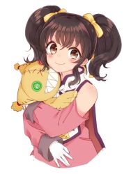 Rule 34 | 1girl, anise tatlin, black hair, brown eyes, closed mouth, doll, gloves, hair ribbon, long hair, looking at viewer, ribbon, simple background, smile, solo, tales of (series), tales of the abyss, tokunaga (tales), twintails, waving, white background, yayuyora