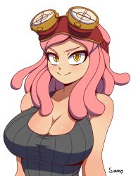 Rule 34 | 1girl, absurdres, artist name, black background, blush, body blush, boku no hero academia, breasts, cleavage, goggles, goggles on head, hatsume mei, highres, large breasts, medium hair, pink hair, simmsy, smile, solo, tank top, yellow eyes
