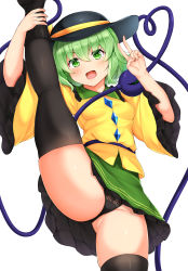 Rule 34 | 1girl, :d, black hat, black panties, black thighhighs, blush, breasts, commentary request, cowboy shot, daichi (tokoya), frilled sleeves, frills, gluteal fold, green eyes, green hair, green skirt, groin, hair between eyes, hands up, hat, heart, heart of string, highres, komeiji koishi, leg hold, leg up, long sleeves, looking at viewer, miniskirt, open mouth, panties, petticoat, shirt, short hair, simple background, skirt, small breasts, smile, solo, standing, standing on one leg, thighhighs, thighs, third eye, touhou, underwear, v, white background, wide sleeves, yellow shirt