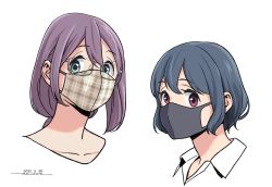 Rule 34 | 2girls, black mask, blue hair, collarbone, collared shirt, commentary request, dated, glasses, hair between eyes, head only, horikou, kagamihara shizuka, mask, mouth mask, multiple girls, purple eyes, shima saki, shirt, signature, simple background, trait connection, yurucamp