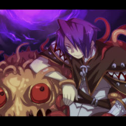 Rule 34 | 1boy, brown cape, caduceus, cape, closed mouth, colored sclera, commentary request, creator (ragnarok online), emon-yu, eyes visible through hair, gloves, hair between eyes, hair over one eye, letterboxed, living clothes, looking at viewer, monster, purple hair, ragnarok online, red sclera, shirt, short hair, single glove, slime (creature), smile, teeth, tentacles, upper body, vanilmirth (ragnarok online), white gloves, white shirt, yellow eyes