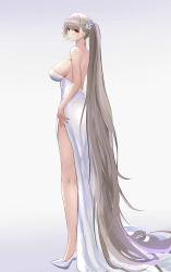 Rule 34 | 1girl, absurdly long hair, absurdres, alternate costume, azur lane, bare back, bare shoulders, breasts, closed mouth, dido (magicc), dress, flower, formidable (azur lane), full body, hair flower, hair ornament, high heels, highres, large breasts, legs, long hair, looking to the side, platinum blonde hair, red eyes, sideboob, simple background, solo, standing, twintails, very long hair, white dress, white footwear