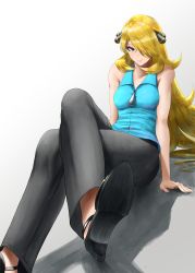 Rule 34 | 1girl, absurdres, bare arms, black pants, blonde hair, blouse, blue shirt, breasts, closed mouth, collarbone, collared shirt, creatures (company), crossed legs, cynthia (pokemon), game freak, grey background, grey eyes, hair ornament, hair over one eye, hair over shoulder, hiby, high heels, highres, huge filesize, long hair, looking at viewer, nintendo, on floor, pants, pokemon, pokemon (anime), pokemon bw (anime), shadow, shirt, shoe soles, simple background, sitting, sleeveless, smile, solo, very long hair