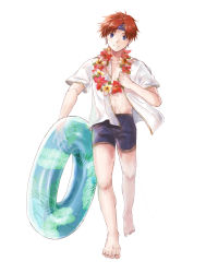 Rule 34 | 1boy, barefoot, blue eyes, blue headband, blue male swimwear, blue swim trunks, closed mouth, fire emblem, fire emblem: the binding blade, flower, flower necklace, headband, highres, holding, innertube, jewelry, looking at viewer, male focus, male swimwear, male swimwear writing, mameno 62, necklace, nintendo, open clothes, open shirt, red hair, roy (fire emblem), shirt, short sleeves, simple background, smile, solo, swim ring, swim trunks, swim trunks writing, swimsuit, swimsuit writing, white background, white shirt