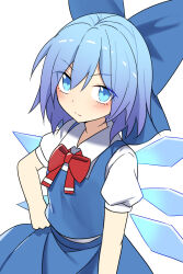 Rule 34 | 1girl, blue bow, blue eyes, blue hair, blue skirt, blue vest, blush, bow, cirno, closed mouth, collared shirt, detached wings, e.o., fairy, hair between eyes, hair bow, highres, ice, ice wings, looking at viewer, shirt, short hair, short sleeves, simple background, skirt, solo, touhou, upper body, vest, white background, white shirt, wings