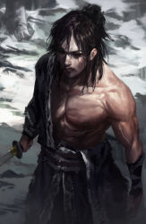 Rule 34 | 1boy, black hair, dongho kang, japanese clothes, katana, long hair, male focus, messy hair, muscular, samurai, solo, sword, weapon