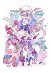 Rule 34 | 1girl, absurdly long hair, animal ears, ankle bow, ankle ribbon, badge, blue bow, blue eyes, blue hair, blue nails, bow, bow legwear, braid, button badge, candy, commentary request, curtains, dated, dress, drill hair, ear piercing, flower, food, frilled dress, frills, full body, garter straps, hair flower, hair ornament, hairclip, hairpin, holding, holding wand, horn bow, horn ornament, horns, horse ears, kneehighs, leg ribbon, legwear garter, lollipop, long hair, long sleeves, multicolored hair, nail polish, original, pantyhose, pantyhose under kneehighs, piercing, pink bow, pocket watch, red flower, red hair, red rose, ribbon, rose, shoes, signature, single horn, socks, solo, standing, star (symbol), striped clothes, striped pantyhose, striped socks, stuffed unicorn, two-tone hair, unicorn, very long hair, wand, watch, white neckwear, white socks, yua (tick-tack)