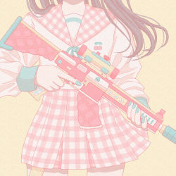 Rule 34 | 1girl, aqua nails, assault rifle, bare legs, cherry, close-up, commentary, finger on trigger, food, fruit, gun, head out of frame, highres, holding, holding gun, holding weapon, long sleeves, medium hair, nail polish, neckerchief, nekomaru0817, original, pastel colors, pink sailor collar, pink skirt, plaid, plaid sailor collar, plaid skirt, rifle, sailor collar, scope, simple background, skirt, solo, symbol-only commentary, weapon, white neckerchief, yellow background