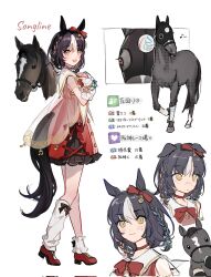 Rule 34 | 1girl, animal ears, asymmetrical legwear, black hair, black skirt, bow, braid, character name, choker, closed mouth, collar, creature and personification, detached sleeves, dress, ear ornament, ear ribbon, full body, gameplay mechanics, highres, horse, horse ears, horse girl, horse tail, jacket, looking at viewer, looking to the side, multicolored hair, musical note, nebusoku (qinbuzu), open mouth, original, real life, red bow, red choker, red dress, red footwear, red ribbon, ribbon, see-through, see-through jacket, short hair, sketch, skirt, socks, songline (racehorse), tail, tearing up, twin braids, umamusume, uneven legwear, white collar, white hair, white socks, yellow eyes