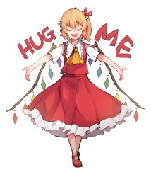 Rule 34 | 1girl, ascot, blonde hair, closed eyes, dress, english text, flandre scarlet, frills, gem, highres, mary janes, open mouth, red dress, ribbon, sharp teeth, shirt, shoes, short hair, side ponytail, solo, soya6479, teeth, touhou, white shirt, wings, yellow ascot