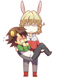 Rule 34 | 10s, 2boys, animal ears, barnaby brooks jr., blonde hair, blush, boots, brown hair, cabbie hat, carrying, cat boy, cat ears, chibi, chocobun, covering privates, covering face, full body, glasses, hat, jacket, jewelry, kaburagi t. kotetsu, kemonomimi mode, male focus, multiple boys, necklace, necktie, princess carry, rabbit ears, red jacket, short hair, simple background, sparkle, tiger &amp; bunny, tiger ears, vest, waistcoat, watch, white background, wristwatch