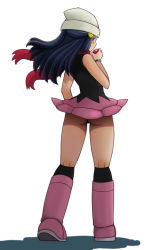 Rule 34 | 1girl, ass, beanie, blue hair, boots, creatures (company), dawn (pokemon), from behind, game freak, hat, holding, holding poke ball, looking back, nintendo, no panties, pink footwear, poke ball, pokemon, red scarf, scarf, solo, tsumitani daisuke, wind, wind lift