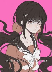 Rule 34 | 1girl, blouse, blunt bangs, bow, commentary, criis-chan, danganronpa (series), danganronpa v3: killing harmony, hair ornament, hair scrunchie, hairclip, harukawa maki, long hair, long sleeves, looking at viewer, low twintails, mole, mole under eye, noise, pink background, red eyes, red scrunchie, red shirt, sailor collar, school uniform, scrunchie, serafuku, shirt, simple background, solo, symbol-only commentary, twintails, upper body