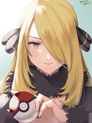 Rule 34 | 1girl, blonde hair, brown eyes, closed mouth, creatures (company), cynthia (pokemon), detached collar, eyelashes, fingernails, fur-trimmed sleeves, fur collar, fur trim, game freak, green background, grey eyes, hair ornament, hair over one eye, hand up, highres, holding, holding poke ball, long hair, long sleeves, looking at viewer, nintendo, one eye covered, poke ball, pokemon, pokemon dppt, portrait, smile, solo, straight-on, yamamori kinako