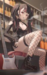 Rule 34 | 1girl, absurdres, belt, black dress, black footwear, black hair, blurry, boots, breasts, cigarette, cleavage, clothing cutout, depth of field, dress, earrings, electric guitar, fishnet thighhighs, fishnets, guitar, hair ornament, highres, instrument, jewelry, long hair, long sleeves, looking at viewer, medium breasts, multicolored hair, necklace, neil (neil nim), original, red eyes, short dress, shoulder cutout, sitting, smoke, smoking, solo, streaked hair, thighhighs, thighs, twintails, x hair ornament