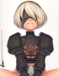 Rule 34 | 1girl, 2b (nier:automata), black sleeves, blindfold, breasts, cleavage, cleavage cutout, clothing cutout, leotard, long sleeves, medium breasts, mole, mole under mouth, nier:automata, nier (series), omar dogan, pink lips, puffy long sleeves, puffy sleeves, short hair, simple background, sitting, solo, teeth, white background, white hair