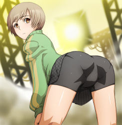 Rule 34 | 1girl, arm support, ass, bent over, bike shorts, black skirt, brown eyes, brown hair, checkered clothes, checkered skirt, fog, from behind, highres, jacket, looking back, miniskirt, pantylines, persona, persona 4, pleated skirt, satonaka chie, short hair, short shorts, shorts, skirt, solo, tabigarasu, track jacket, unmoving pattern