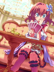 Rule 34 | 10s, 1girl, bare shoulders, blue eyes, blush, breasts, card, card game, chandelier, coin, couch, hair ornament, moyamu, no game no life, playing card, red hair, short hair, sitting, skirt, solo, stephanie dora, table, thinking