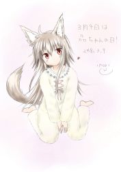 Rule 34 | 1girl, animal ears, barefoot, between legs, borrowed character, commentary request, expressionless, full body, hand between legs, heart, highres, inoru satoru, long hair, original, pajamas, red eyes, saku (kazana), silver hair, simple background, sitting, solo, tail, wariza, white background, wolf ears, wolf tail