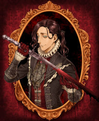 Rule 34 | 1boy, arizuka (catacombe), black hair, black jacket, blood, bloodborne, bloody weapon, commentary request, gloves, highres, holding, holding sword, holding weapon, jacket, long hair, looking at viewer, male focus, parted lips, ponytail, red gloves, solo, sword, weapon