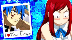 Rule 34 | 1boy, 1girl, blue hair, blush, erza scarlet, fairy tail, heart, jellal fernandes, long hair, red hair