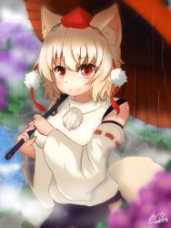 Rule 34 | 1girl, animal ears, black skirt, blue flower, blurry, blurry background, closed mouth, detached sleeves, flower, hat, highres, holding, holding umbrella, hydrangea, inubashiri momiji, looking at viewer, otomen maru-no-uchi, outdoors, pom pom (clothes), purple flower, rain, red eyes, red hat, red umbrella, shirt, short hair, skirt, smile, solo, tokin hat, touhou, umbrella, white hair, white shirt, wide sleeves, wolf ears, wolf girl