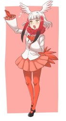 Rule 34 | 10s, 1girl, bad id, bad twitter id, bird tail, bird wings, black footwear, blunt bangs, buttons, collar, frilled sleeves, frills, full body, fur collar, gloves, gradient hair, hand on own chest, hands up, head wings, japanese crested ibis (kemono friends), jitome, jocheong, kemono friends, long sleeves, looking away, mary janes, multicolored hair, musical note, open mouth, pantyhose, pleated skirt, quaver, red gloves, red hair, red pantyhose, red skirt, shirt, shoes, short hair, short hair with long locks, sidelocks, skirt, solo, standing, tail, two-tone hair, white hair, white shirt, wide sleeves, wings, yellow eyes