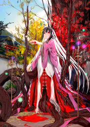 Rule 34 | 1girl, alternate costume, blood, blood on face, blush, highres, japanese clothes, kimono, mikazuki akira!, miko, original, pink kimono, ritual, scenery, solo, torii