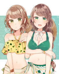 Rule 34 | 2girls, arm under breasts, bangle, bikini, bow, bracelet, braid, breasts, brown hair, character request, closed mouth, commentary request, copyright request, cowboy shot, earrings, expressionless, fingernails, floral print, floral print bikini, green background, green bikini, green eyes, green nails, hand on own chest, hat, jewelry, light blush, long hair, looking at viewer, medium breasts, mozukuzu (manukedori), multiple girls, nail polish, navel, open mouth, print bikini, sarong, short hair, smile, standing, sun hat, swimsuit, unworn headwear, wavy hair, white background, white bow, yellow bikini, yellow headwear
