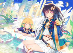Rule 34 | 2girls, angel, angel wings, belt, black hair, blonde hair, blue eyes, blue sky, blunt bangs, blush, capelet, cloak, cloud, day, dutch angle, feathers, floating, fountain, glowing, gradient eyes, hair ornament, halo, leaf, long hair, looking at viewer, looking to the side, midriff, multicolored eyes, multiple girls, navel, open mouth, original, pillar, pink eyes, plant, pleated skirt, ribbon, ronopu, shin guards, sitting, skirt, sky, smile, sparkle, temple, uniform, water, white skirt, wings, yellow eyes, yellow ribbon