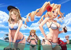 Rule 34 | &gt; &lt;, 4girls, abyssal ship, atlanta (kancolle), bare arms, bare shoulders, bikini, bikini top only, black bikini, blonde hair, blue bikini, blue eyes, blush, bokukawauso, borrowed character, bottomless, breasts, brown hair, cleavage, closed mouth, clothes writing, cloud, cloudy sky, collarbone, day, drill hair, enemy lifebuoy (kancolle), enemy naval mine (kancolle), flower, flying sweatdrops, front-tie top, green bikini, green eyes, groin, hair flower, hair ornament, hat, helena (kancolle), highres, holding, honolulu (kancolle), houston (kancolle), ichikawa feesu, kantai collection, large breasts, long hair, multiple girls, navel, o-ring, o-ring bikini, open mouth, partially submerged, peaked cap, red flower, side-tie bikini bottom, sky, smile, sunflower, swimsuit, twin drills, twintails, two side up, water, white bikini, yellow flower
