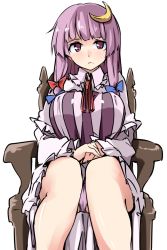 Rule 34 | 1girl, blush, bow, breasts, capelet, chair, crescent, crescent hair ornament, female focus, hair bow, hair ornament, holding hands, kamukamu (ars), large breasts, long hair, long sleeves, looking at viewer, no headwear, own hands together, panties, pantyshot, patchouli knowledge, purple eyes, purple hair, purple panties, simple background, sitting, solo, striped, touhou, underwear, white background