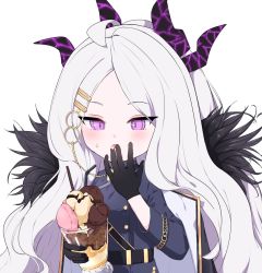 Rule 34 | 1girl, ahoge, belt, black gloves, blue archive, clip, coat, coat on shoulders, commentary request, cup, demon girl, demon horns, eating, food, food on face, forehead, fur-trimmed coat, fur trim, gloves, halo, highres, hina (blue archive), holding, holding cup, horns, ine (ineinnen), long hair, long sleeves, military, military uniform, parfait, parted bangs, ponytail, purple eyes, sidelocks, simple background, solo, uniform, white background, white hair