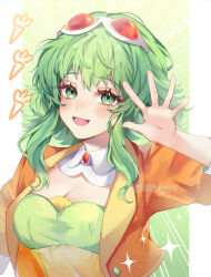 1girl :d absurdres aegyo_sal blush breasts brooch cleavage commentary detached_collar goggles goggles_on_head green_eyes green_hair gumi gumi_(ai_megpoid) hand_up highres jacket jewelry looking_at_viewer medium_breasts miviy19 open_clothes open_jacket open_mouth orange_jacket red-tinted_eyewear short_hair_with_long_locks sidelocks smile solo sparkle tinted_eyewear twitter_username upper_body vocaloid