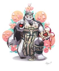 Rule 34 | 1boy, alternate costume, animal ears, apron, bara, blush, candy, chest hair, chocolate, chocolate heart, chocolate on body, chocolate on pectorals, facial hair, food, food on body, full body, furry, furry male, grey fur, grey hair, headband, heart, highres, horkeu kamui, incoming food, incoming gift, kneeling, large pectorals, male focus, multicolored hair, muscular, on one knee, pectorals, short hair, solo, tail, thick thighs, thighs, tokyo houkago summoners, two-tone fur, valentine, white fur, wolf boy, wolf ears, wolf tail, yellow eyes