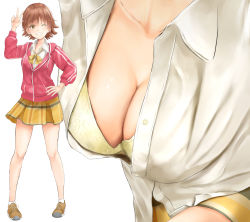 Rule 34 | 1girl, arm up, blush, bow, bowtie, bra, breasts, brown footwear, brown hair, cleavage, close-up, collarbone, floral print, full body, green bra, hand on own hip, head out of frame, honda mio, idolmaster, idolmaster cinderella girls, irohakaede, jacket, legs apart, long sleeves, looking at viewer, medium breasts, multiple views, open mouth, partially unbuttoned, pink jacket, shirt, shoes, short hair, simple background, skirt, socks, standing, track jacket, underwear, w, white background, white legwear, white shirt, yellow bow, yellow bowtie, yellow skirt