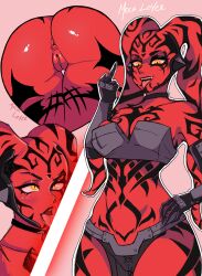 Rule 34 | 1girl, absurdres, alien, anus, artist name, ass, black choker, black gloves, blush, bra, breasts, choker, cleavage, colored skin, darth talon, energy sword, gesture, gloves, hand on own hip, highres, huge ass, lekku (anatomy), lightsaber, markings, middle finger, mochi-lover, multiple views, navel, open mouth, outline, pelvic curtain, pink background, pussy, red skin, simple background, solo, star wars, sword, tattoo, teeth, tongue, tongue out, twi&#039;lek, underwear, upper teeth only, weapon, white outline, yellow eyes