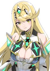 Rule 34 | 1girl, absurdres, bare shoulders, blonde hair, breasts, cleavage, closed mouth, commentary request, covered collarbone, dress, headpiece, highres, karian909, large breasts, long hair, looking at viewer, mythra (xenoblade), simple background, sleeveless, sleeveless dress, smile, solo, upper body, very long hair, white background, white dress, xenoblade chronicles (series), xenoblade chronicles 2, yellow eyes