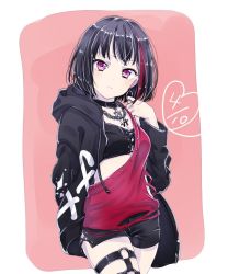 Rule 34 | 1girl, bad id, bad twitter id, bang dream!, black bra, black choker, black hair, black jacket, black shorts, bob cut, bra, chain, chain necklace, choker, clothes writing, commentary request, cowboy shot, cross-laced clothes, dated, drawstring, earrings, hand up, heart, hood, hood down, hooded jacket, jacket, jewelry, light frown, long sleeves, looking at viewer, mitake ran, muchise, multicolored hair, necklace, o-ring, paint stains, pendant, pink background, purple eyes, red hair, red shirt, shirt, short hair, short shorts, shorts, side slit, single strap, solo, splatter print, streaked hair, studded, thigh strap, torn clothes, torn shirt, underwear