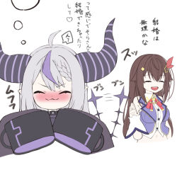 Rule 34 | 2girls, ahoge, black horns, blue vest, blush, bow, bowtie, braid, braided bangs, brown hair, closed eyes, closed mouth, collared shirt, cropped shirt, cropped torso, cropped vest, demon girl, demon horns, diamond hair ornament, double-parted bangs, grey hair, hair flaps, hair ornament, hair ribbon, hairclip, highres, hololive, horns, imagining, implied yuri, la+ darknesss, la+ darknesss (1st costume), long hair, multicolored hair, multiple girls, nose blush, open mouth, pointy ears, purple hair, red bow, red bowtie, red ribbon, ribbon, shirt, simple background, sleeveless, sleeveless shirt, sleeves past fingers, sleeves past wrists, smile, sorataka0930, speech bubble, star (symbol), star hair ornament, streaked hair, striped horns, thought bubble, tokino sora, tokino sora (1st costume), translation request, upper body, v-shaped eyebrows, very long hair, vest, virtual youtuber, white background, white shirt, wrist cuffs